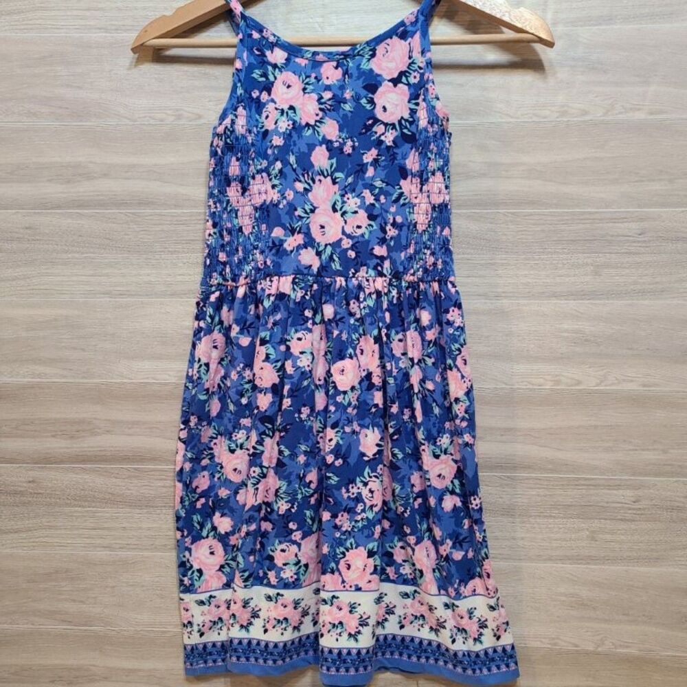 BCBGirls Girls Size 7 8 S Floral Sundress Blue Pink Sleeveless Smocked Summer